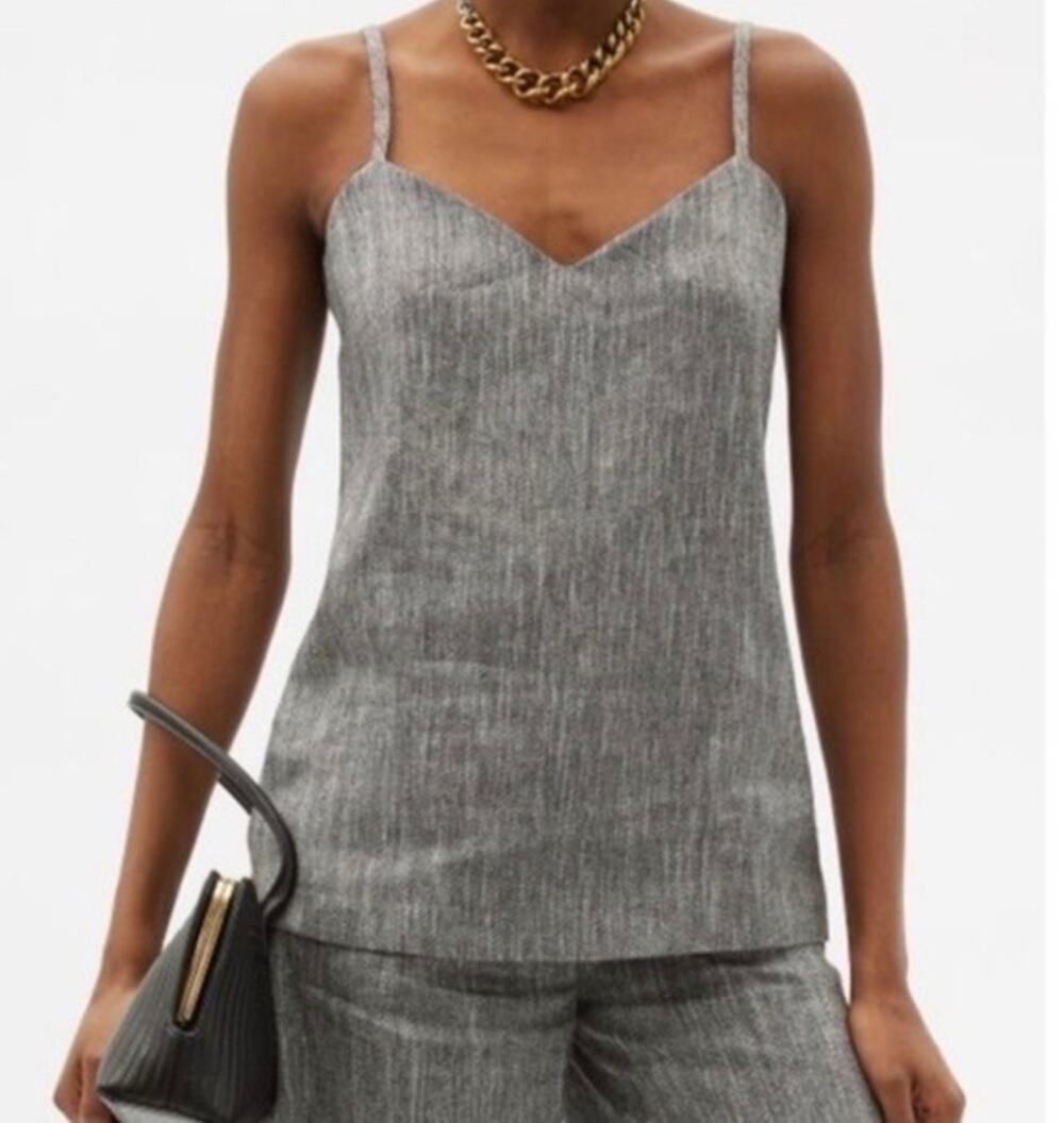 Max Mara Vespa Top Herringbone Strappy Linen Silk Blend Camisole Black Womens 8